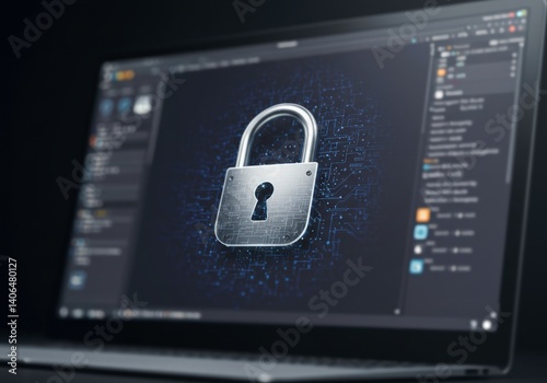 Cyber security concept presented on laptop screen. Technology data encryption, privacy of computer systems and digital protection on programmer workspace