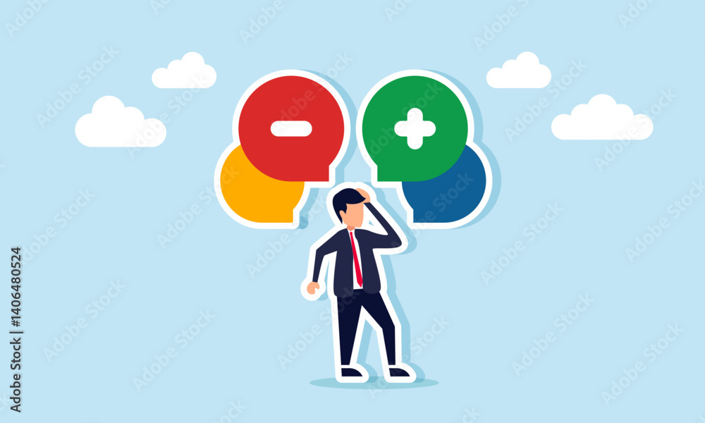 Businessman confused, thinking about something, with a chat dialog showing a minus and plus sign, illustration of considering business decision-making Businessman confused, thinking about something, with a chat dialog showing a minus and plus sign, illustration of considering business decision-making