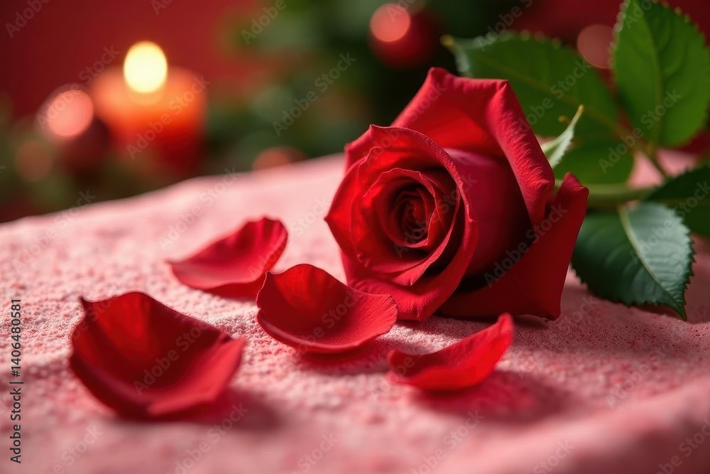 A single velvety red rose with scattered petals rests gently on a soft pink textured surface, illuminated by the warm glow of candlelight in the background.