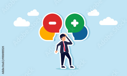 Businessman confused, thinking about something, with a chat dialog showing a minus and plus sign, illustration of considering business decision-making