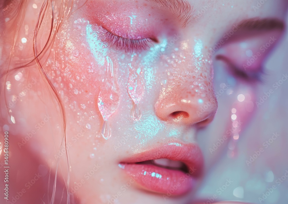 Fototapeta premium Iridescent Tears: A Surreal and Dreamlike Portrait of Vulnerable Beauty
