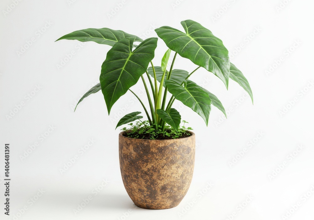 Fototapeta premium A potted alocasia plant with large green leaves against a plain white background in studio shot