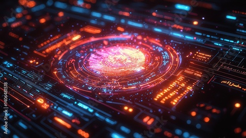 A vibrant digital interface featuring glowing circular patterns and intricate circuitry, suggesting advanced technology and futuristic design.