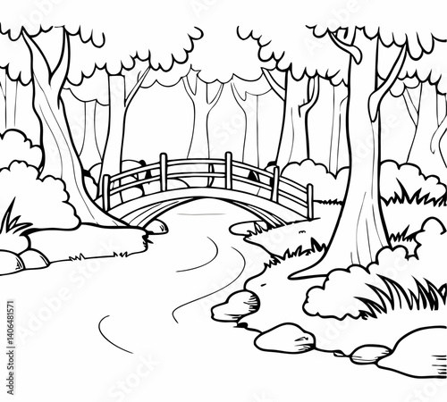 Serene woodland creek scene featuring a charming wooden bridge nestled amongst lush trees and foliage, Kid's Coloring Book Style