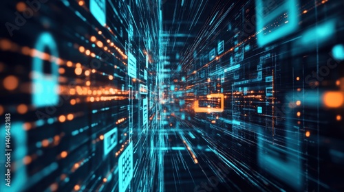 A futuristic digital tunnel filled with vibrant blue and orange lights, symbolizing data flow and technology.