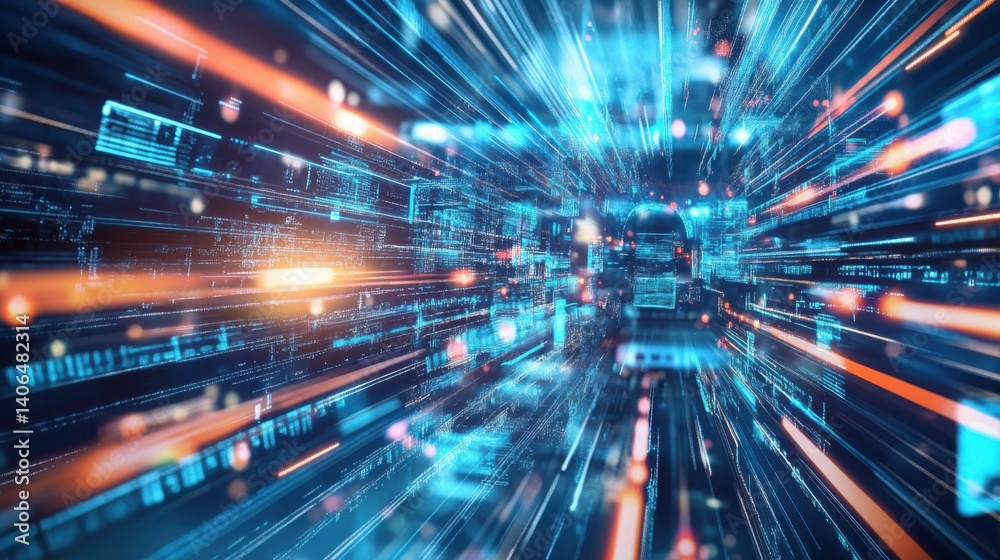 A vibrant digital representation of speed and technology, showcasing glowing lines and data streams in a futuristic environment. A vibrant digital representation of speed and technology, showcasing glowing lines and data streams in a futuristic environment.