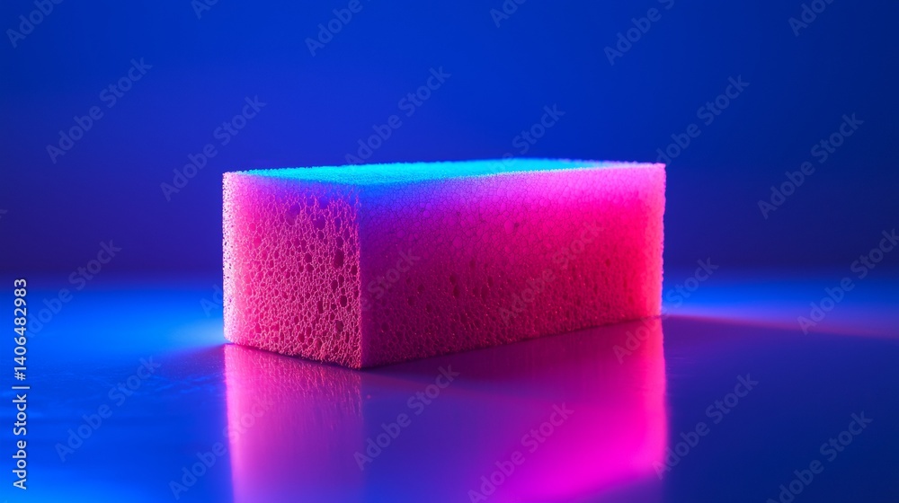 Obraz premium Colorful sponge illuminated by vibrant blue and pink lights on a reflective surface in a dark setting
