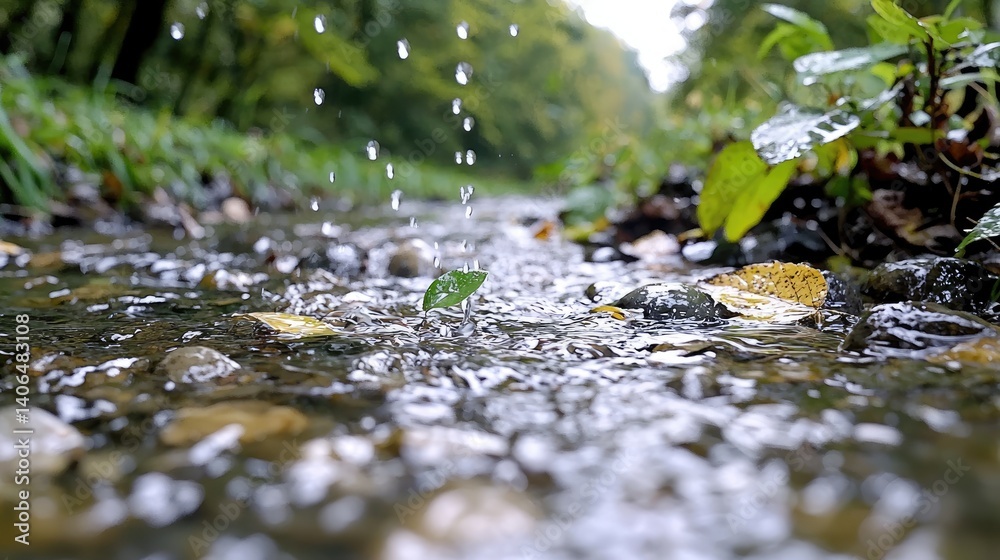 Fototapeta premium Small stream flowing through forest, water droplets, fresh green leaves