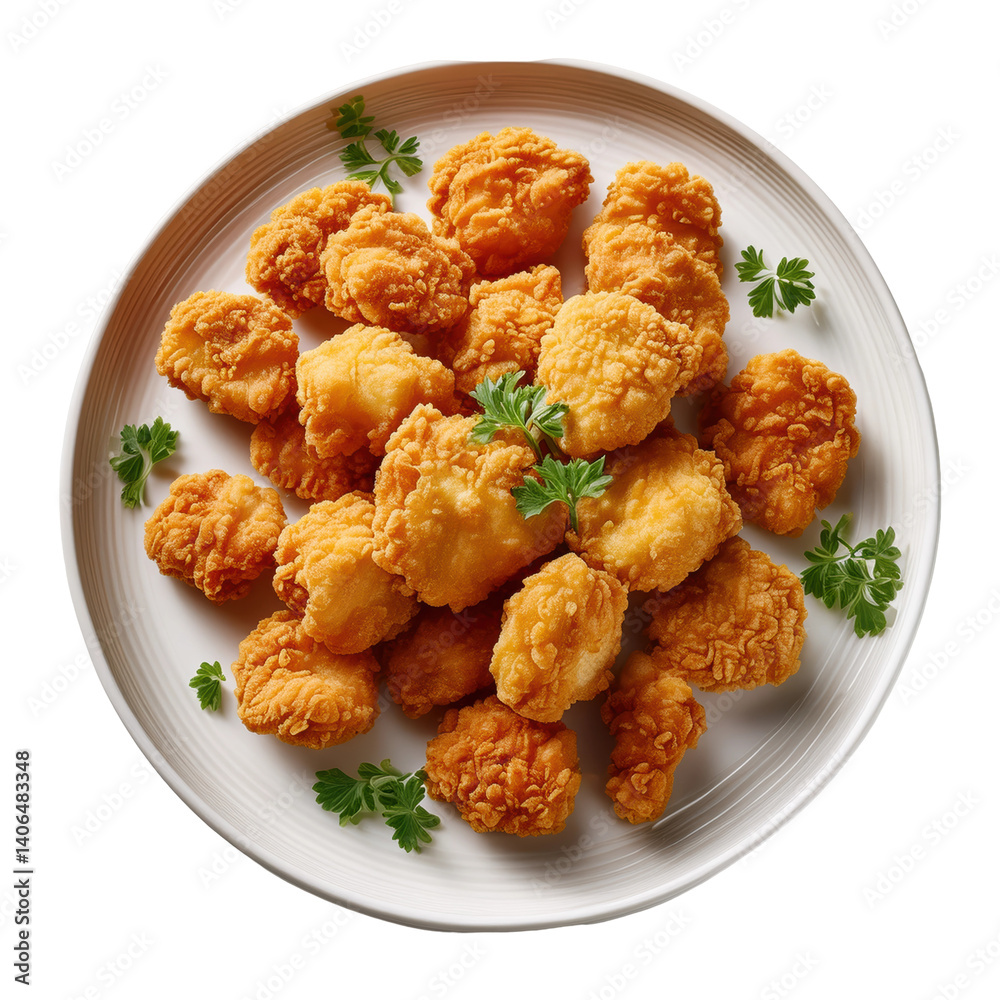 Crispy Fried Chicken Nuggets Garnished with Fresh Parsley on a White Plate on transparent background Crispy Fried Chicken Nuggets Garnished with Fresh Parsley on a White Plate on transparent background