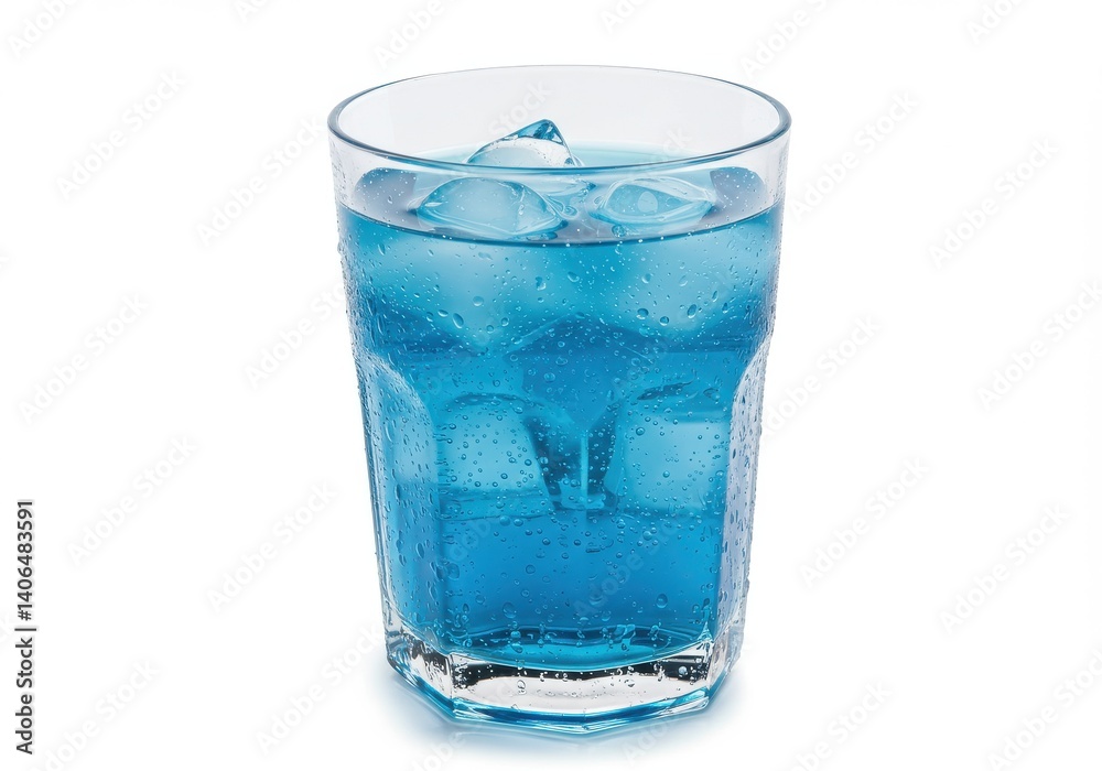 A refreshing blue drink with ice cubes in a clear glass on a clean white background studio shot A refreshing blue drink with ice cubes in a clear glass on a clean white background studio shot