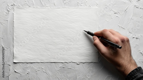 A male hand poised with a pen above textured white paper, with a smooth, single-color background 