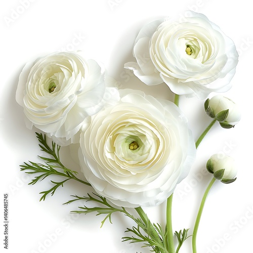 White Ranunculus Isolated on White Background. Beautiful Ranunculus Flower