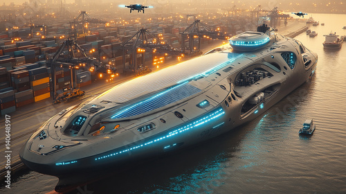 Wallpaper Mural Futuristic solar-powered cargo ship with flying drones in smart port at dusk. Torontodigital.ca