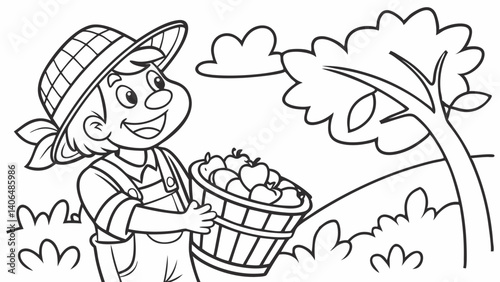 kids coloring page, a smiling farmer holding a basket of fruit, cartoonish, friendly, thick outlines