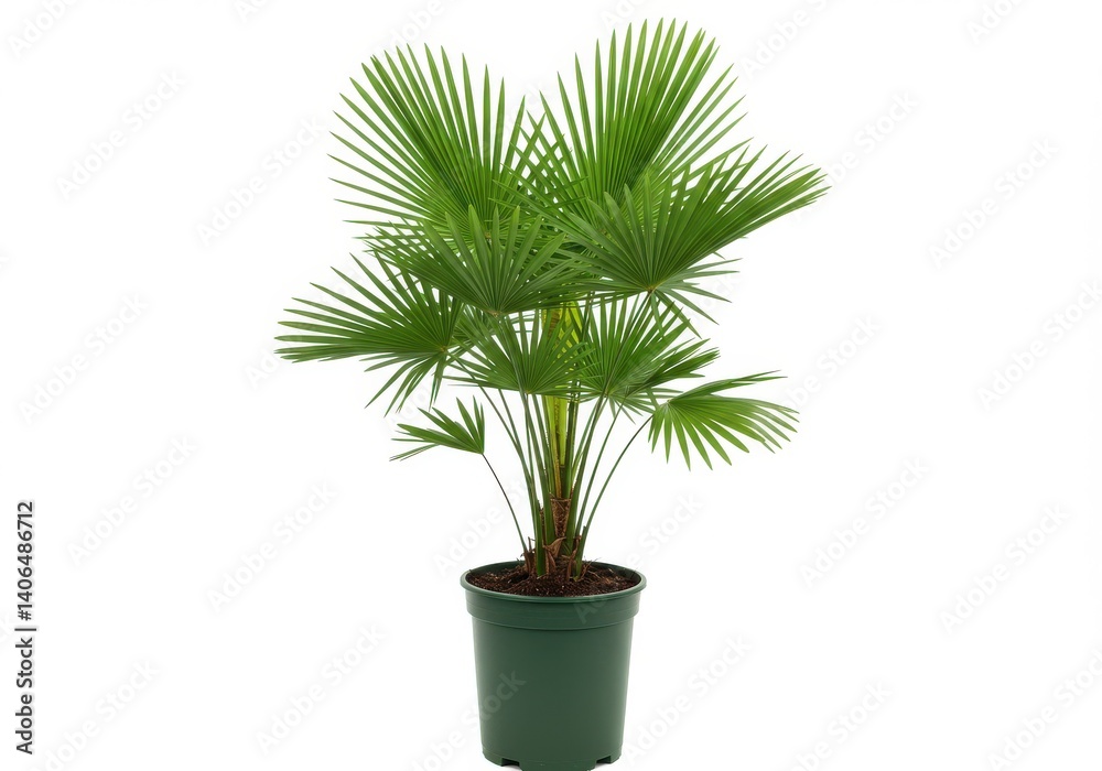 Obraz premium A green mediterranean fan palm plant in a dark green pot on a white background in a studio setting