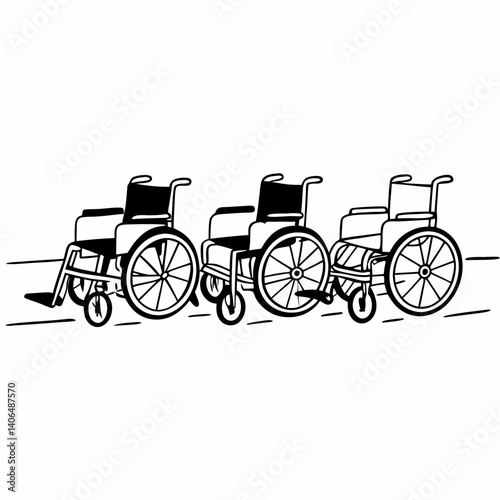 Three wheelchairs lined up illustration medical equipment accessibility aid disability support healthcare assistance