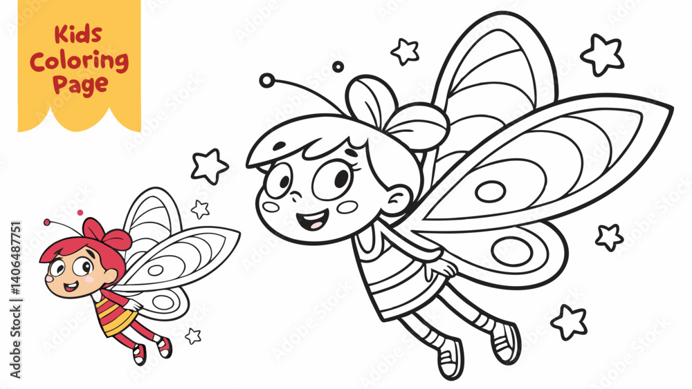 kids coloring page, a tiny fairy with sparkling wings, cartoonish, friendly, thick outlines