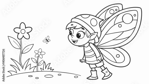 kids coloring page, a tiny fairy with sparkling wings, cartoonish, friendly, thick outlines