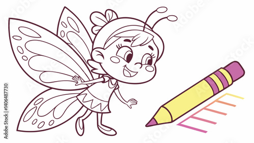 kids coloring page, a tiny fairy with sparkling wings, cartoonish, friendly, thick outlines