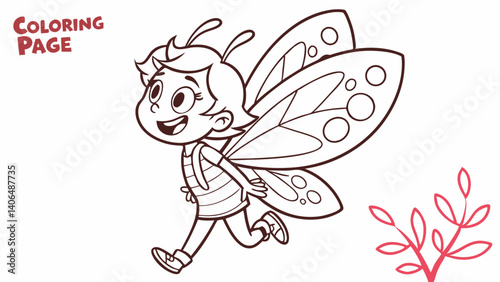 kids coloring page, a tiny fairy with sparkling wings, cartoonish, friendly, thick outlines