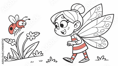 kids coloring page, a tiny fairy with sparkling wings, cartoonish, friendly, thick outlines