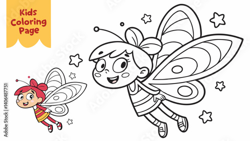 kids coloring page, a tiny fairy with sparkling wings, cartoonish, friendly, thick outlines