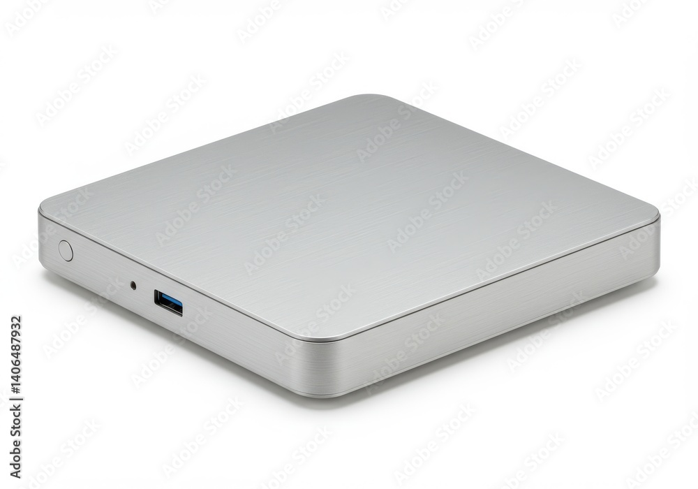A minimalist silver square computer on a white surface in a studio product shot close up view design A minimalist silver square computer on a white surface in a studio product shot close up view design
