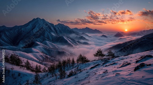 Obraz na płótnie Majestic snow-capped mountain range at sunrise, shrouded in mist. w salonie