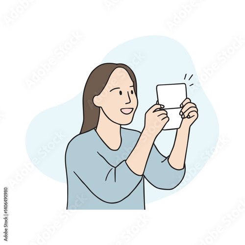 A woman is looking at her bankbook with a surprised look. Vector design illustration related to financial technology