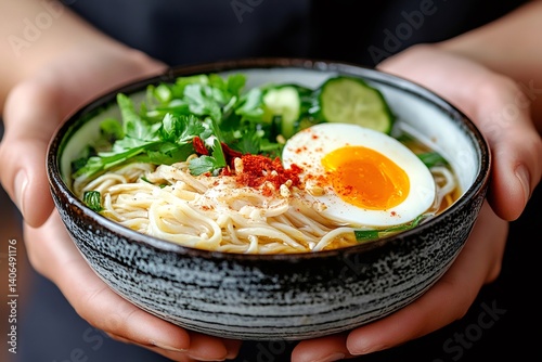 Chef presenting a bowl of ramen with noodles, egg, cucumber, herbs and spices