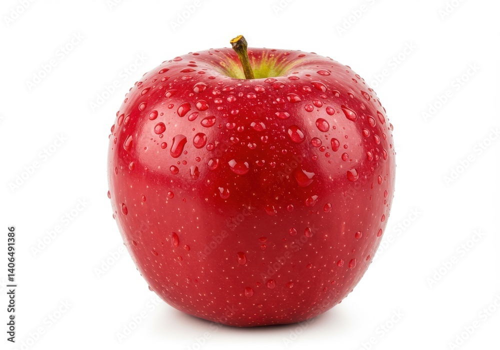 A shiny red apple with water droplets on its surface isolated against a white background in close up view A shiny red apple with water droplets on its surface isolated against a white background in close up view