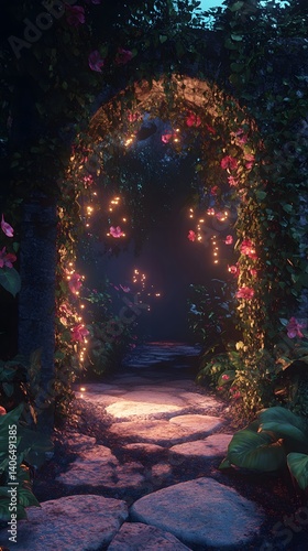 Enchanting archway garden path at twilight