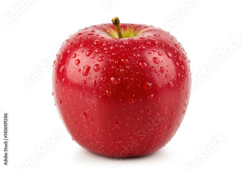 A shiny red apple with water droplets on its surface isolated against a white background in close up view