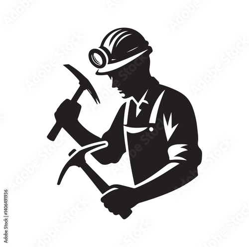 Mine worker, using a chisel and hammer silhouette vector illustration