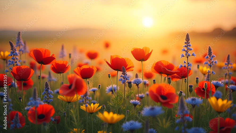 Obraz premium A vibrant field of wildflowers in full bloom under a golden sunset sky, with a variety of colors like red poppies, blue cornflowers, yellow daisies, and purple lavender, gently swaying in the breeze. 
