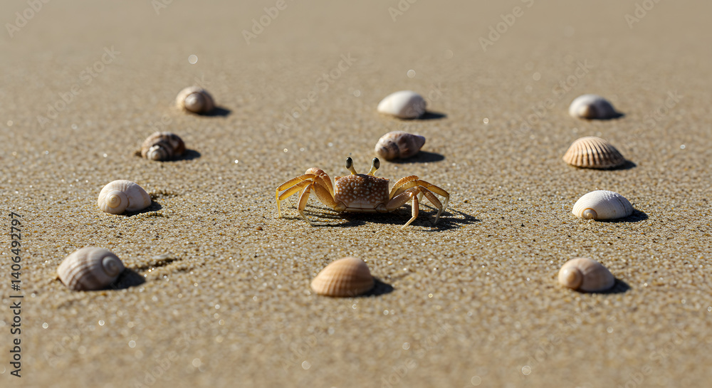 Crab Walking on Sandy Beach Surrounded by Seashells Crab Walking on Sandy Beach Surrounded by Seashells