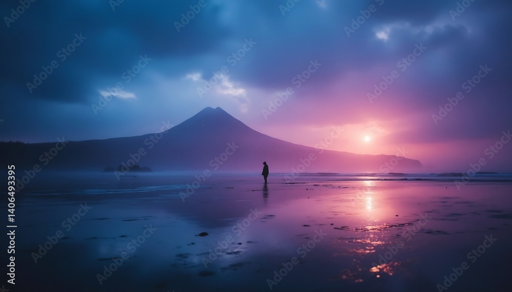 Solitude at Sunset: A lone figure stands silhouetted against a vibrant sunset, with a majestic mountain reflecting in the tranquil waters of a calm beach.
