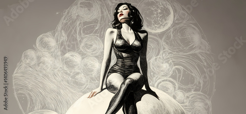 Retro pinup, cosmic background, moon, art deco