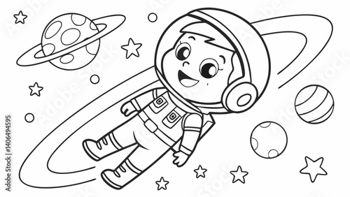kids coloring page, happy astronaut floating in space with stars and planets, cartoonish, friendly, thick outlines