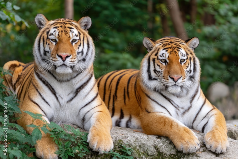 Fototapeta premium Majestic Siberian tigers rest on a rock face.