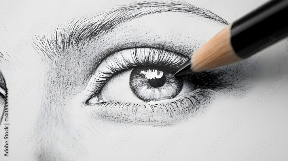 Naklejka premium Detailed Eye Drawing: Graphite pencil sketching of a woman's eye, showcasing intricate details and shading techniques. The artist's hand is subtly visible, adding a sense of process and realism.
