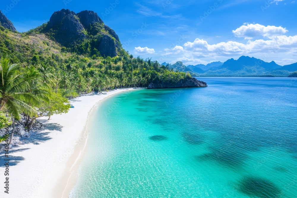 Tropical white sand beach and turquoise water meeting lush green jungle in Coron, Palawan, Philippines
