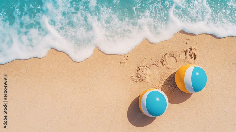 Holiday summer adventure with beach ball and sand play, aerial view of sharply defined beach balls on intricate sand art, bright skylight from a clear sky casting delicate sand shadows, vibrant