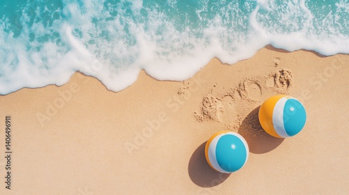 Obraz na płótnie Holiday summer adventure with beach ball and sand play, aerial view of sharply defined beach balls on intricate sand art, bright skylight from a clear sky casting delicate sand shadows, vibrant w salonie