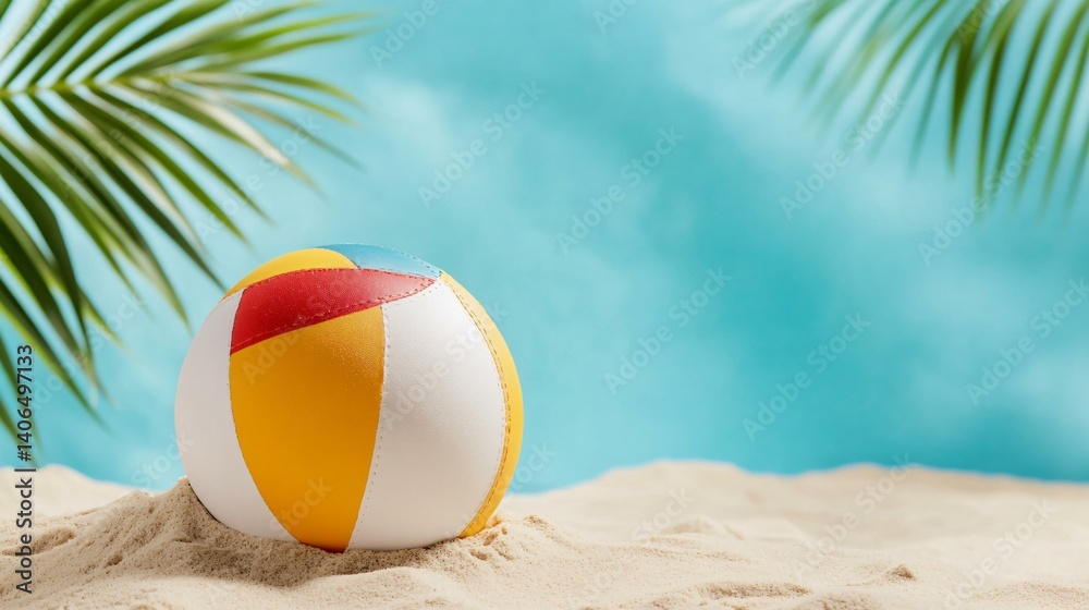 Obraz premium Holiday summer scene with beach ball and sand play, close-up of a beach ball with fine stitching on sculpted sand, radiant sky glow under palm shades casting soft castle shadows, tropical play,