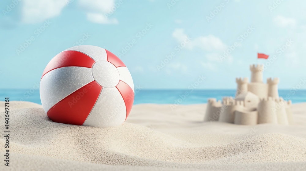 Obraz premium Holiday summer vibe with beach ball and sand play, detailed beach ball with shiny mosaic designs near a sand castle, radiant natural light from a cloudy sky casting realistic ball shadows, tropical