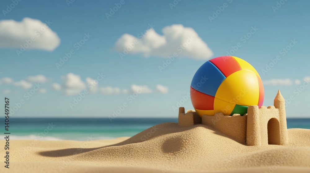 Obraz premium Holiday summer scene with beach ball and sand play, sharply detailed colorful beach ball on a textured sandcastle, vibrant skylight from a clear blue sky casting crisp ball shadows, tropical