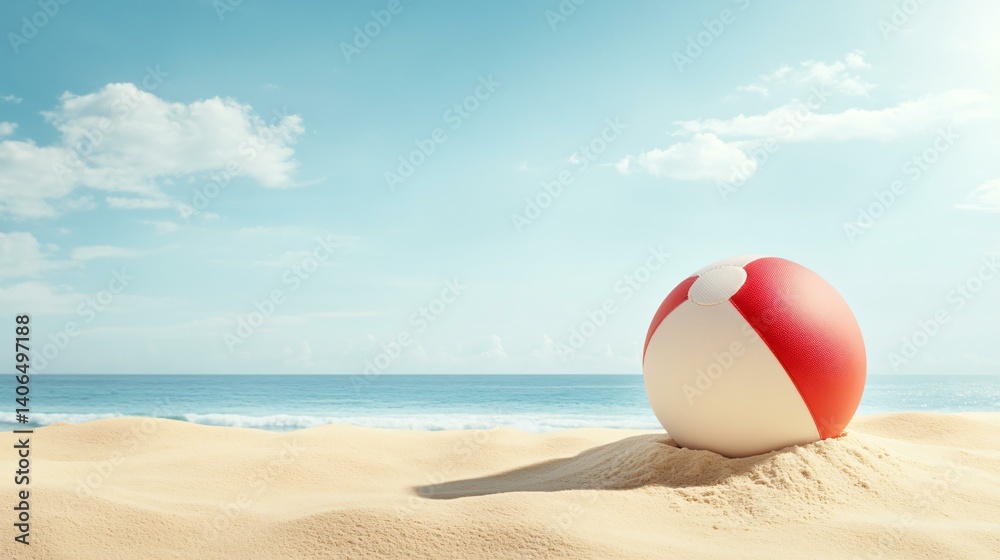Obraz premium Holiday summer scene with beach ball and sand play, detailed beach ball with clear patchwork on a sculpted sand hill, radiant natural light from a cloudy sky casting soft tower shadows, tropical