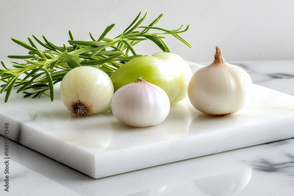 White onions and rosemary sprig lying on a marble cutting board