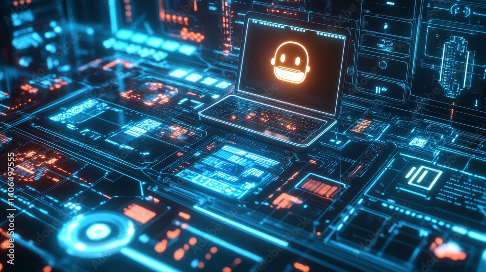 Tech-driven concept image of a laptop surrounded by AI symbols and glowing chatbot elements on a blue virtual grid Tech-driven concept image of a laptop surrounded by AI symbols and glowing chatbot elements on a blue virtual grid